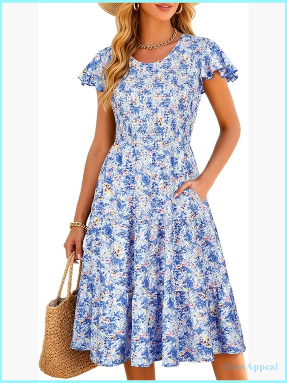 Women's Boho Midi Dress with Pockets Scoop Neck Flutter Sleeve Smocked A-Line